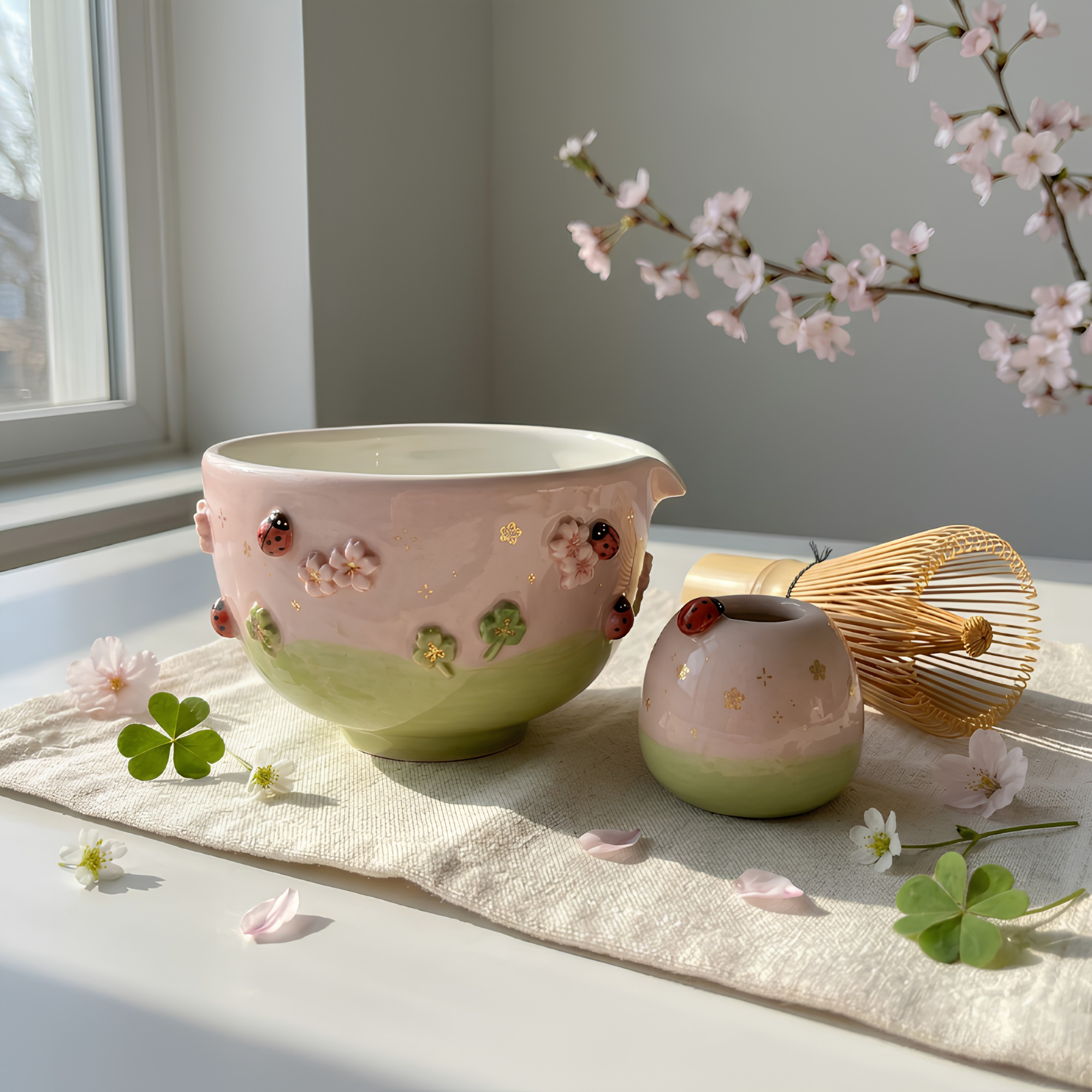 Handmade Ladybug Matcha Bowl Set, Cherry Blossom Ceramic Matcha Tea Set, LA05