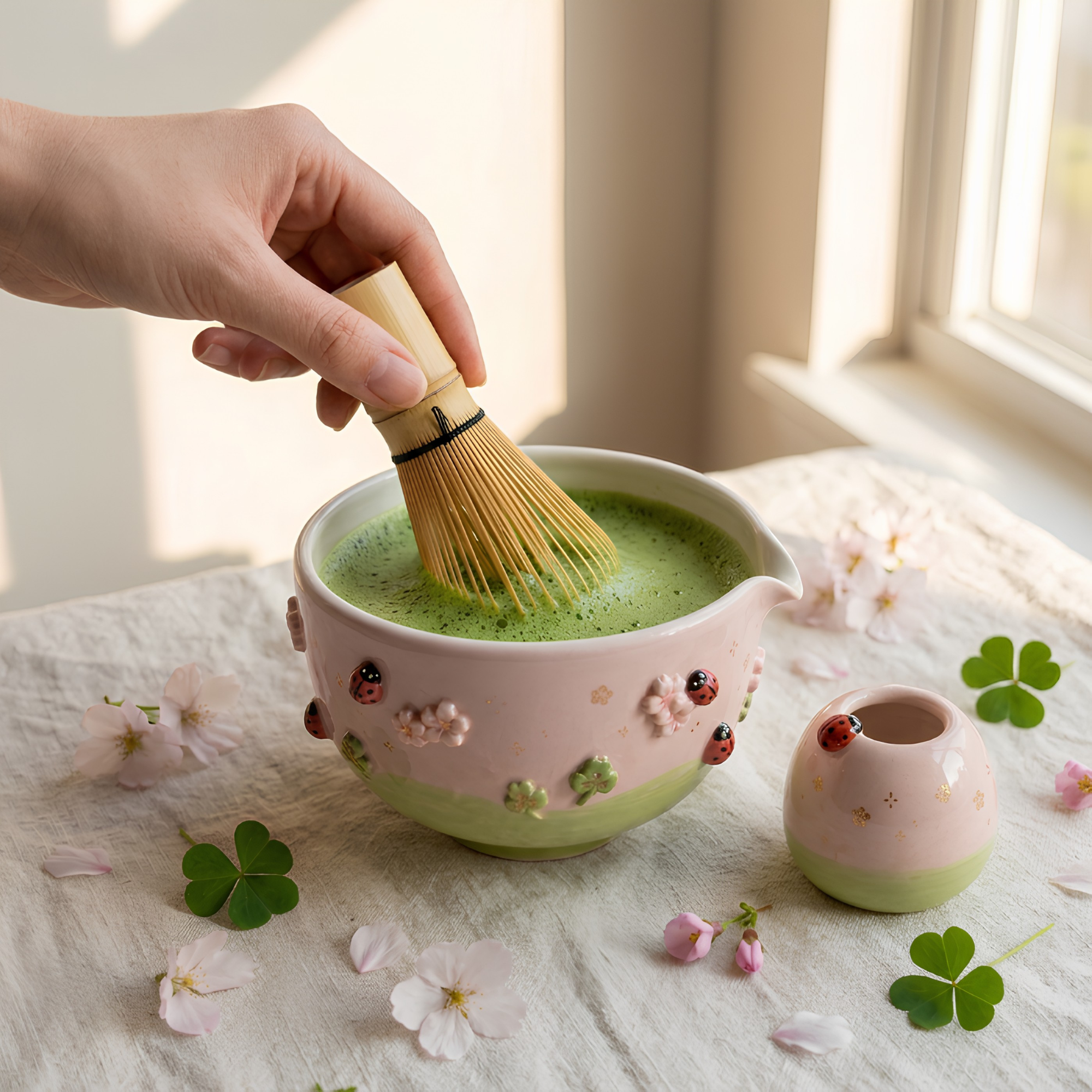 Handmade Ladybug Matcha Bowl Set, Cherry Blossom Ceramic Matcha Tea Set, LA05