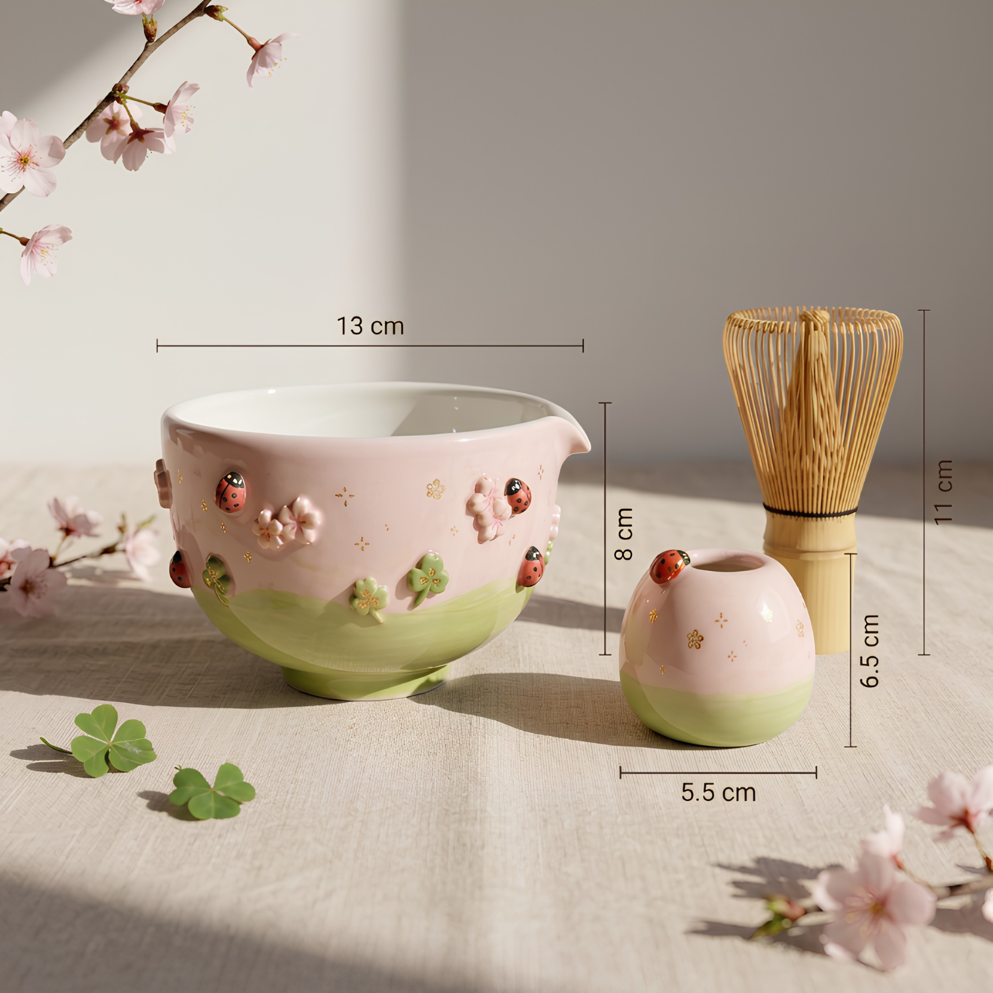 Handmade Ladybug Matcha Bowl Set, Cherry Blossom Ceramic Matcha Tea Set, LA05