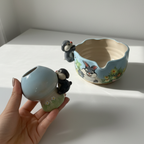 Fairytale Bunny Garden 3D Handcrafted Ceramic Matcha Bowl and Mushroom Whisk Holder Set • HX05