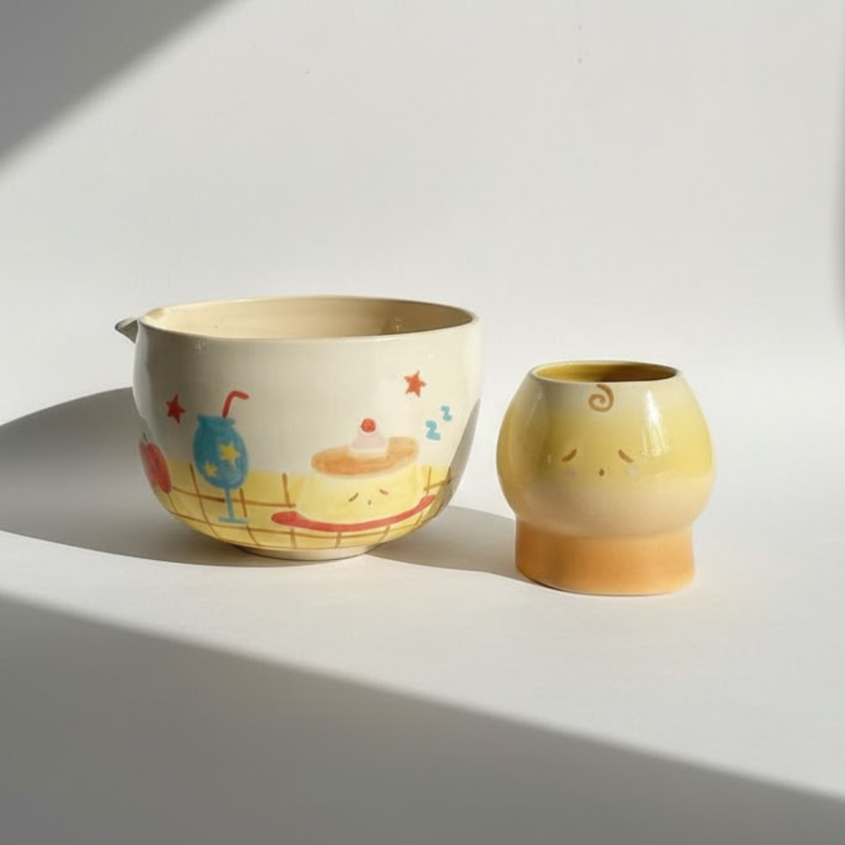 Handmade Cute Pudding & Cafe Ceramic Matcha Bowl Set | Kawaii Spouted Chawan & Whisk Holder • HX50