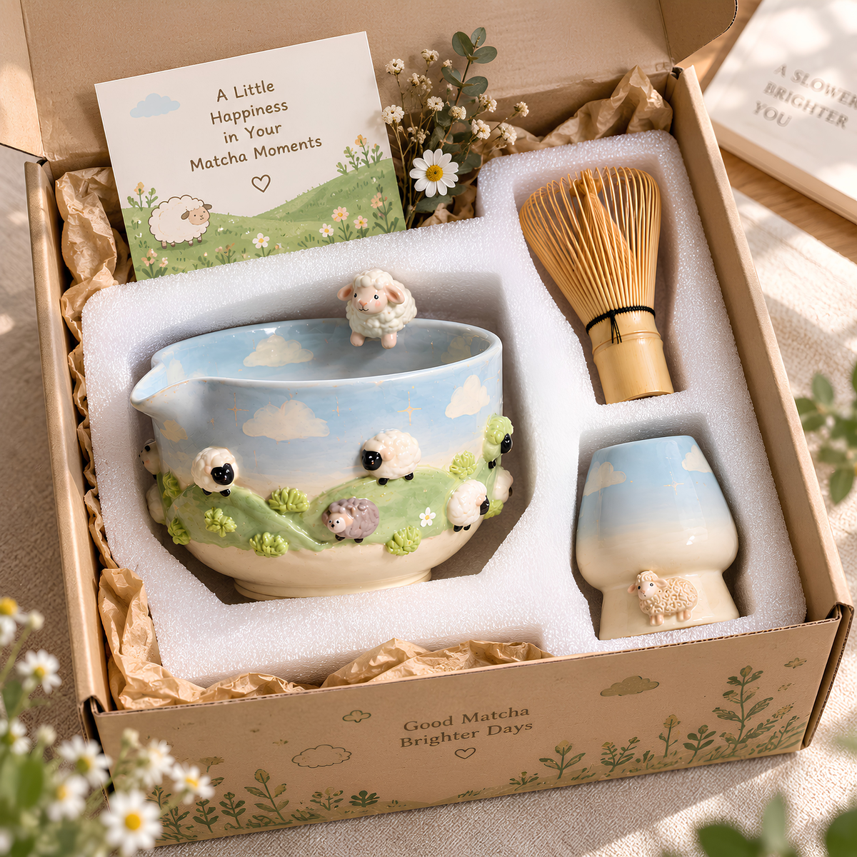 Sheep Matcha Bowl Set, Handmade Ceramic Matcha Set, Cute Chawan with Whisk Holder, Cottagecore Matcha Gift for Tea Lover | LA046