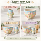 Bunny Tulip Matcha Bowl Set, Spouted Chawan & Whisk Holder, Handmade Ceramic Tea Set, Kawaii Gift for Bunny & Matcha Lovers