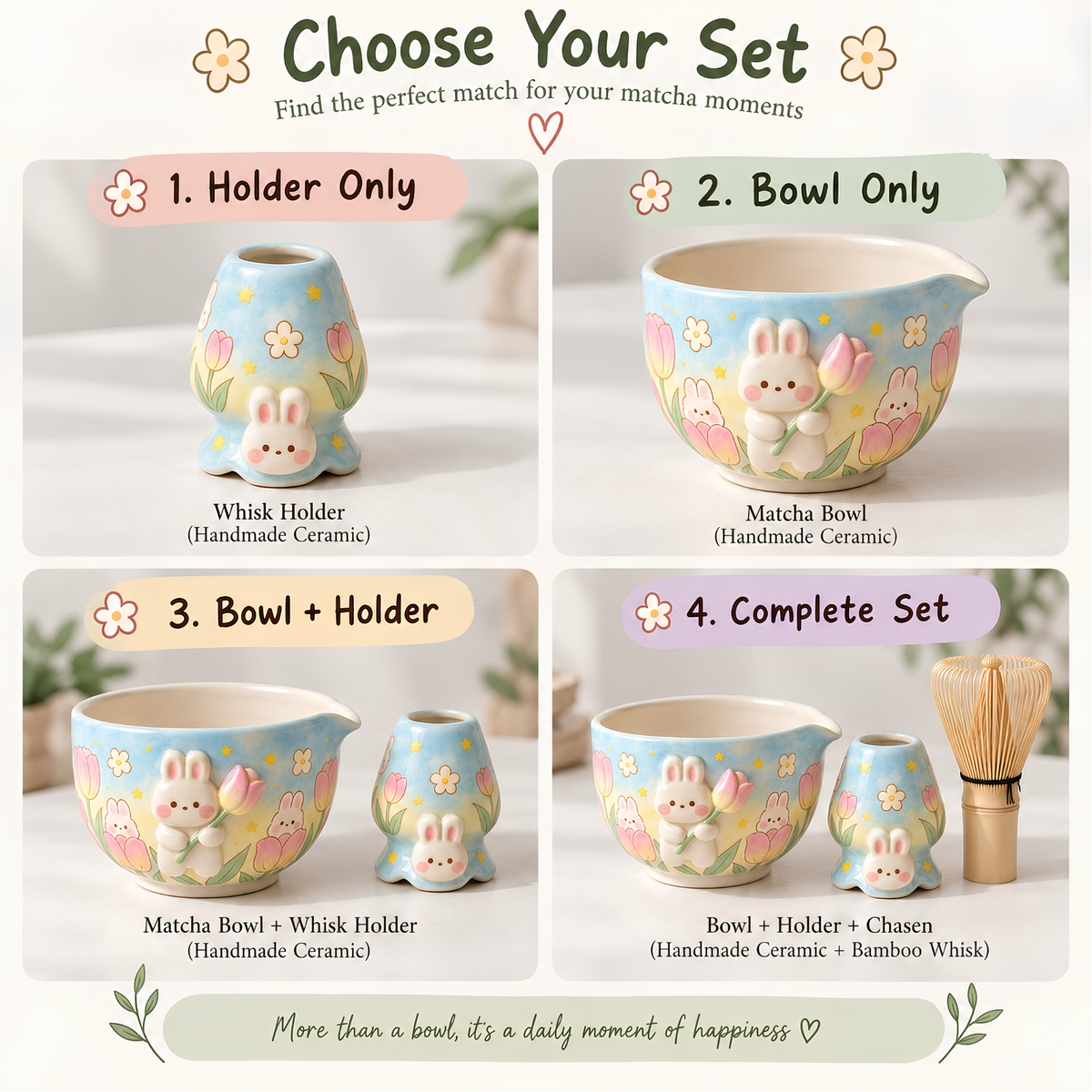 Bunny Tulip Matcha Bowl Set, Spouted Chawan & Whisk Holder, Handmade Ceramic Tea Set, Kawaii Gift for Bunny & Matcha Lovers