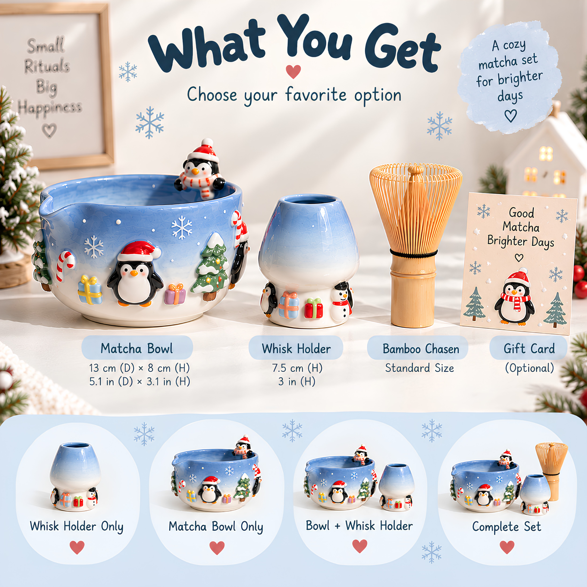 Christmas Penguin Matcha Bowl, Handmade Ceramic Matcha Set with Whisk Holder, Cute Winter Chawan, Penguin Gift for Matcha Lover | LA050