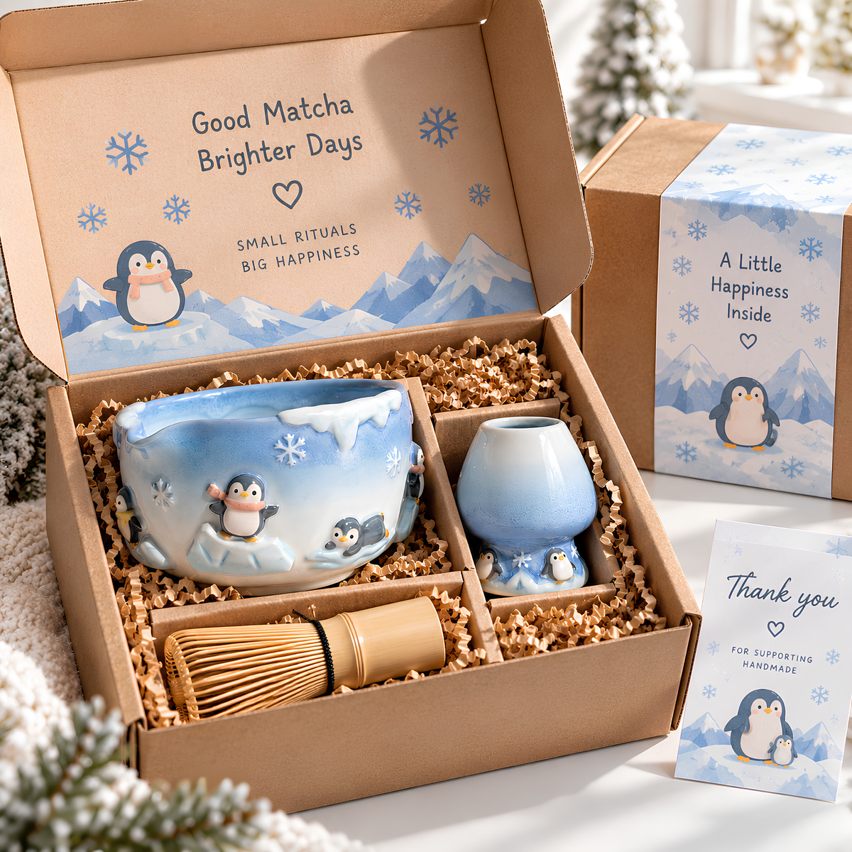 Penguin Matcha Bowl Set, Handmade Ceramic Chawan with Whisk Holder, Cute Winter Matcha Set, Arctic Penguin Gift, Matcha Lover Gift | LA051