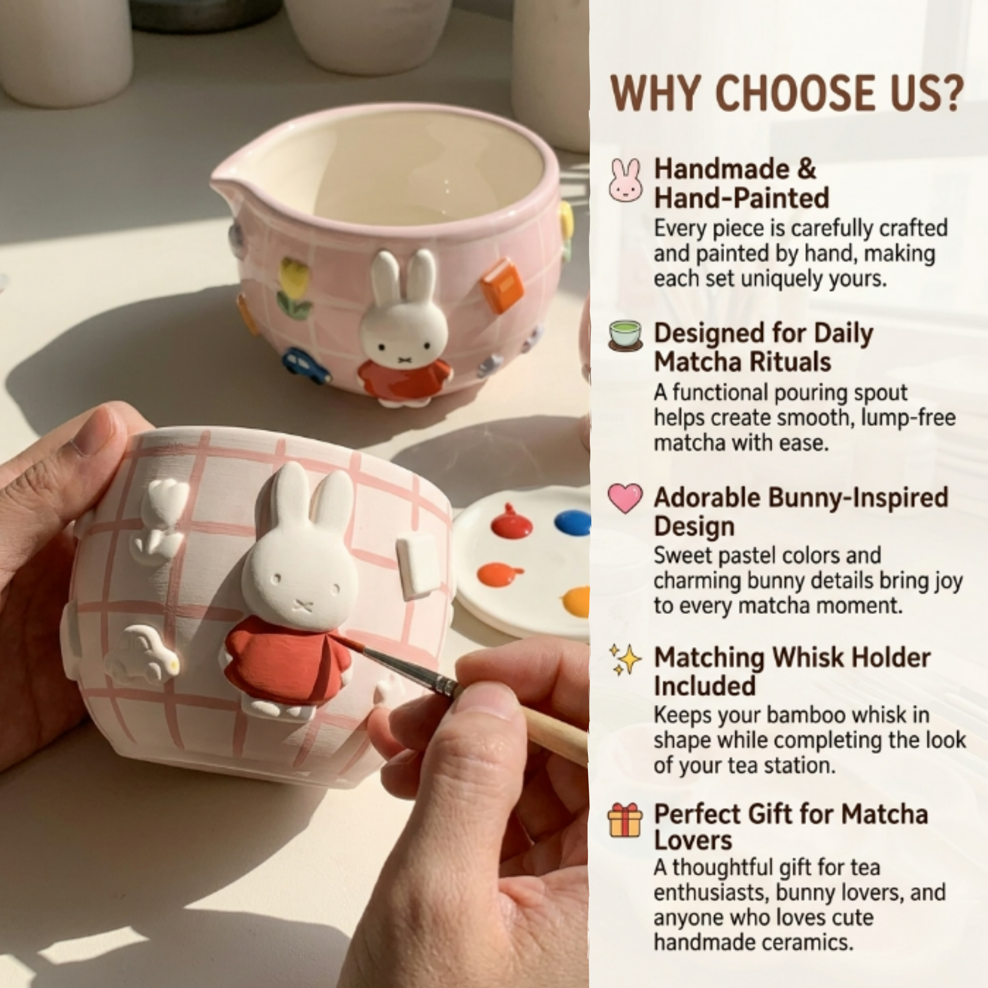 Grid Pink Bunny Matcha Bowl | Handmade Ceramic Chawan | LA024