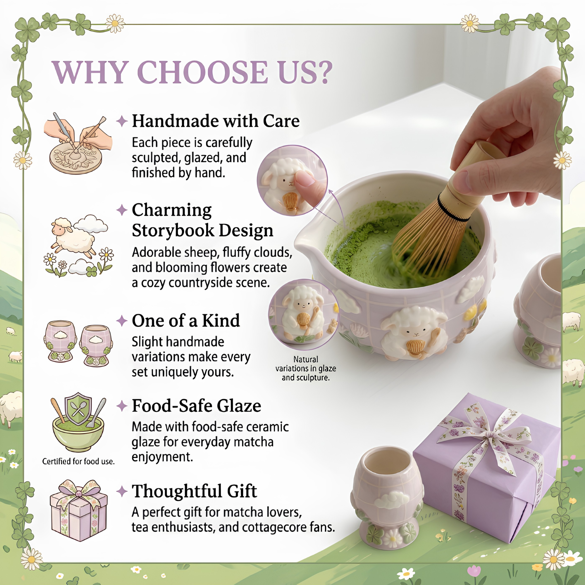 Happy Little Lamb Matcha Bowl | Handmade Ceramic Chawan | LA014