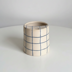 Handcrafted Ceramic Travel Mug with Built-in Lid, Minimalist Blue Grid Commuter Coffee Cup • HX09