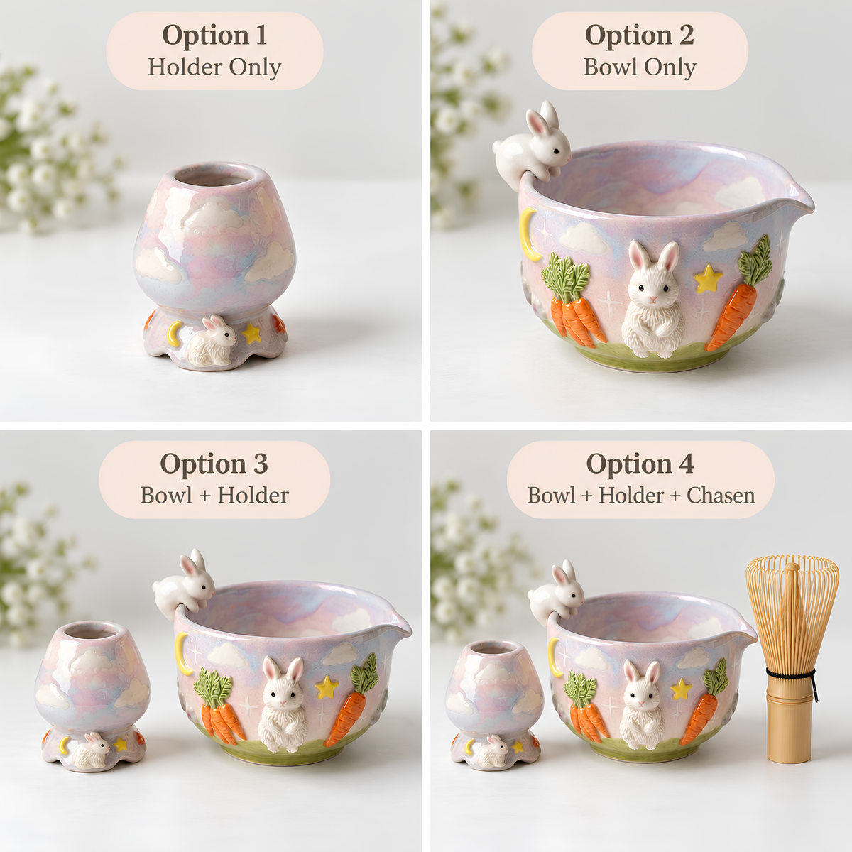 Bunny Carrot Matcha Bowl Set - Spouted Chawan and Whisk Holder, Handmade Ceramic Tea Set, Kawaii Gift for Rabbit & Matcha Lovers