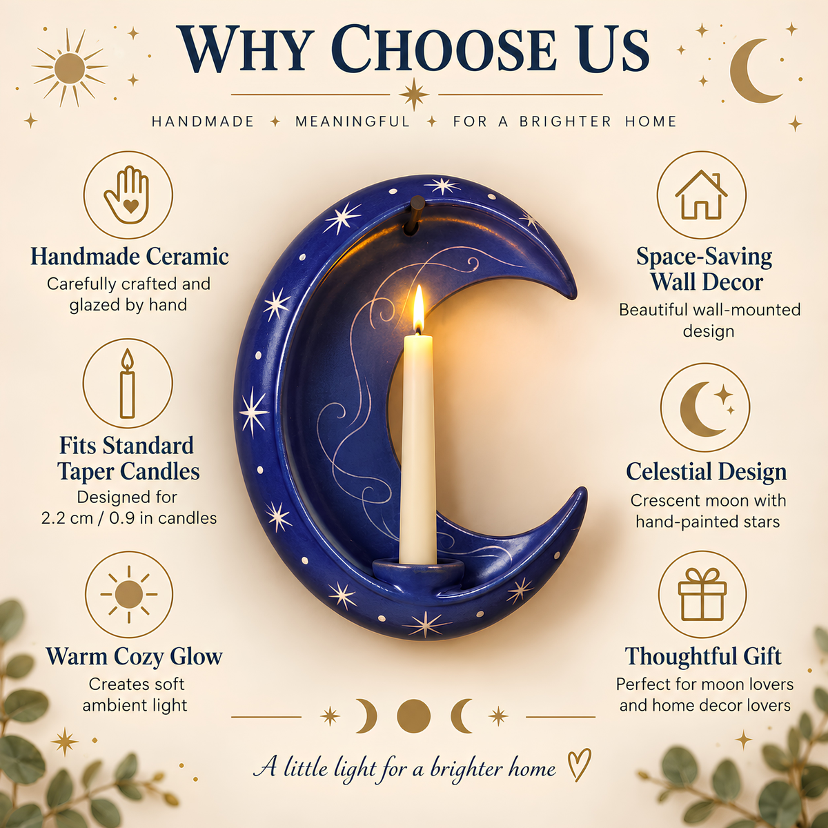 Handmade Crescent Moon Ceramic Wall Candle Holder, Celestial Taper Candle Sconce, Star Wall Decor, Moon Lover Gift, Housewarming Gift