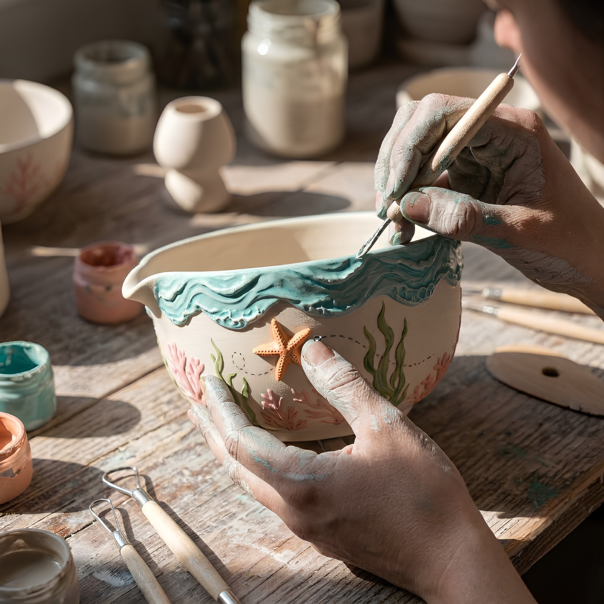 Ocean Reef Matcha Bowl Set - Spouted Chawan and Whisk Holder, Handmade Ceramic Tea Set, Coastal Gift for Matcha Lovers