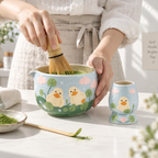 Handmade Duck Pond Ceramic Matcha Bowl Set | Cute Spouted Chawan & Whisk Holder • HX49