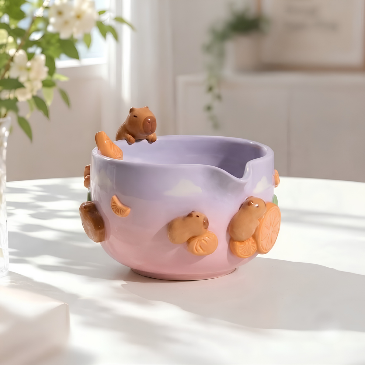 Capybara Orange Ombre Matcha Bowl Set, Handmade Ceramic Chawan with Whisk Holder, Cute Matcha Gift for Tea Lover | LA045