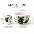 Black Cat Matcha Bowl Set - Spouted Chawan & Whisk Holder, Handmade Ceramic Tea Set.