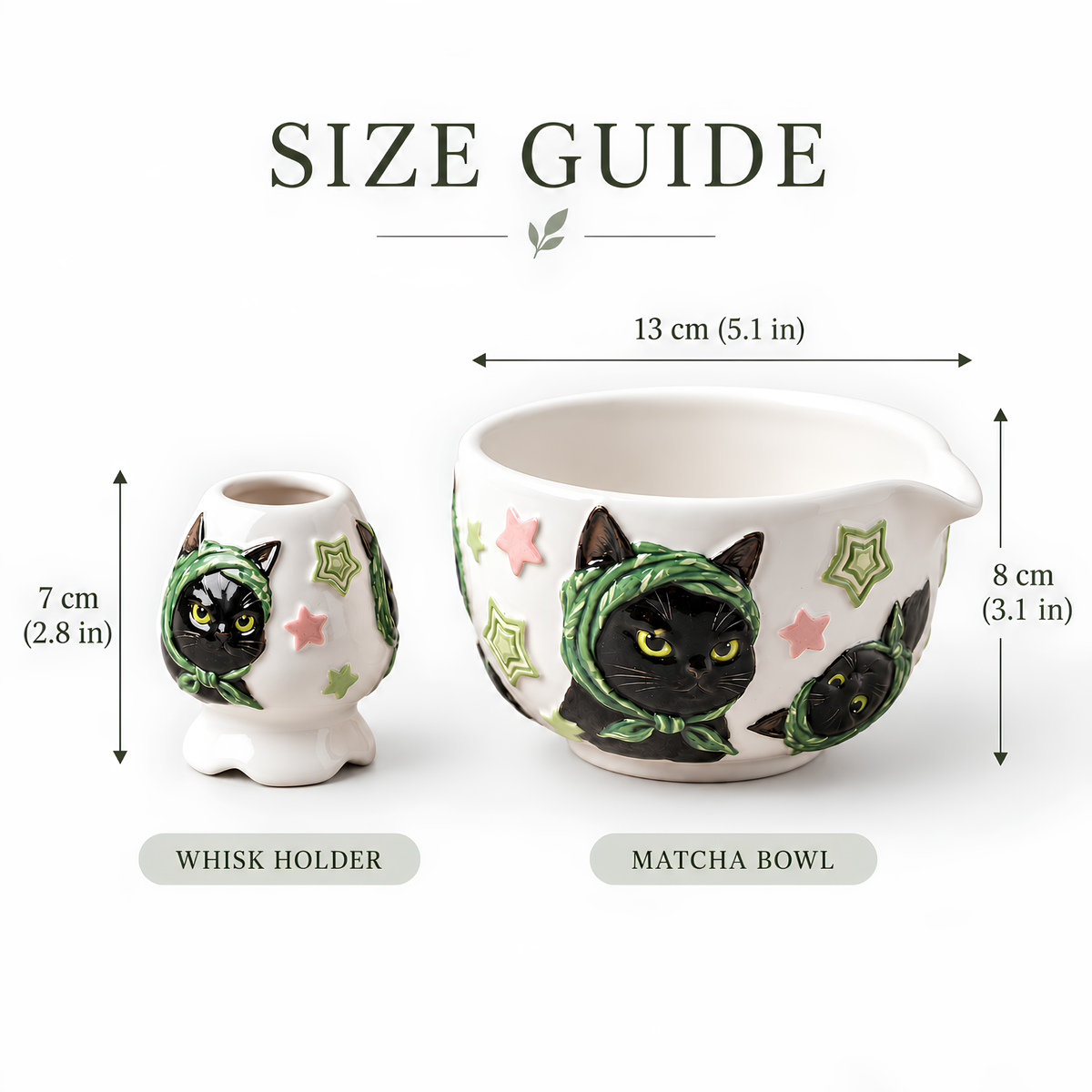 Black Cat Matcha Bowl Set - Spouted Chawan & Whisk Holder, Handmade Ceramic Tea Set.