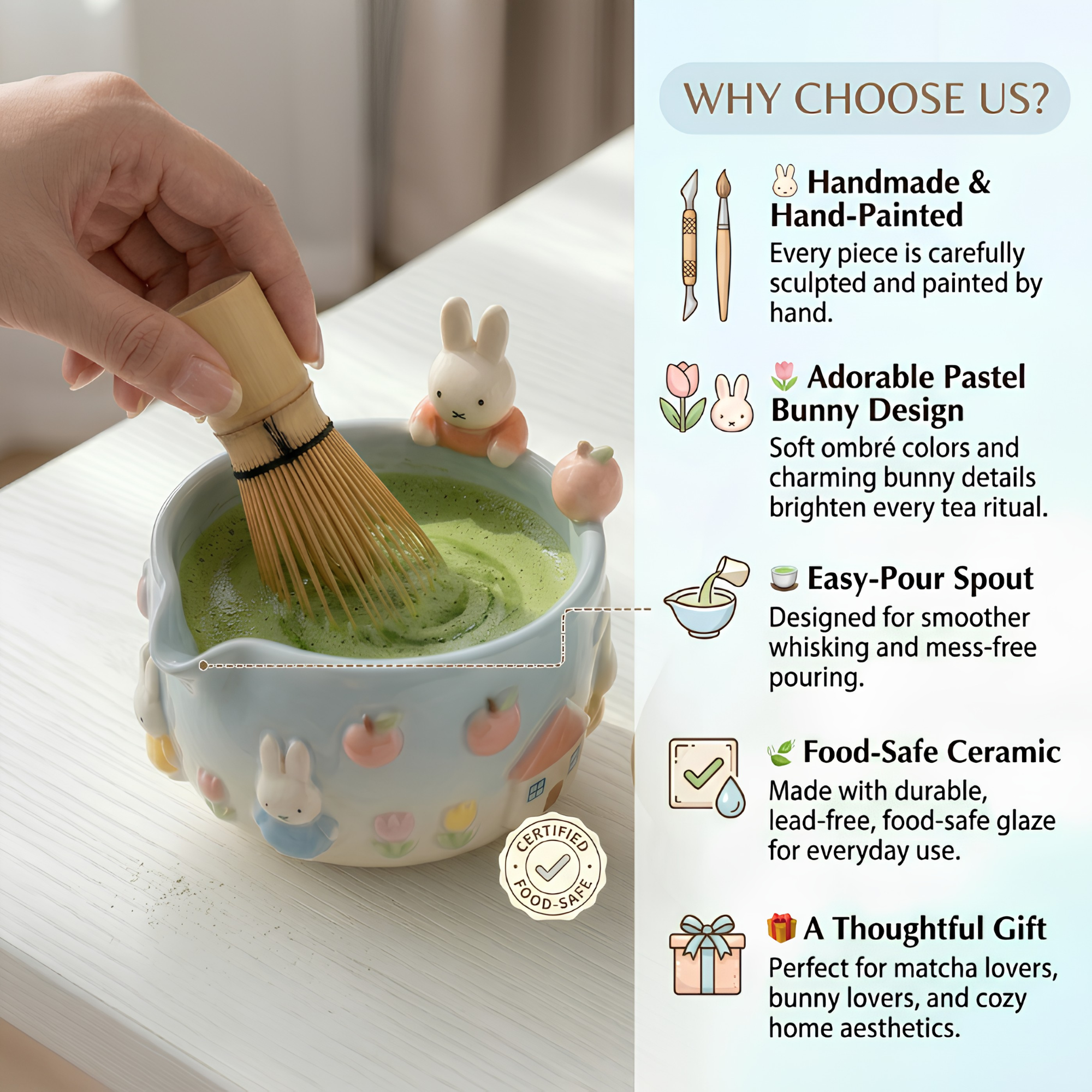 Ombre Cute Bunny Matcha Bowl | Handmade Ceramic Chawan | LA025