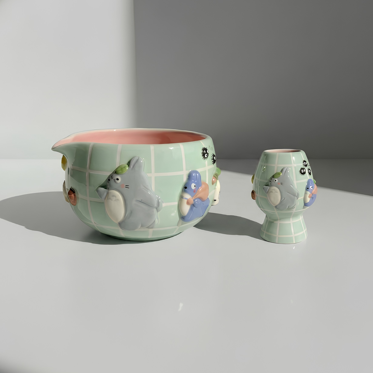 Grid  Mint Green Forest Spirit Matcha Bowl, Handmade Ceramic Matcha Set, Chawan with Whisk Holder, Cute Tea Ceremony Gift | LA06