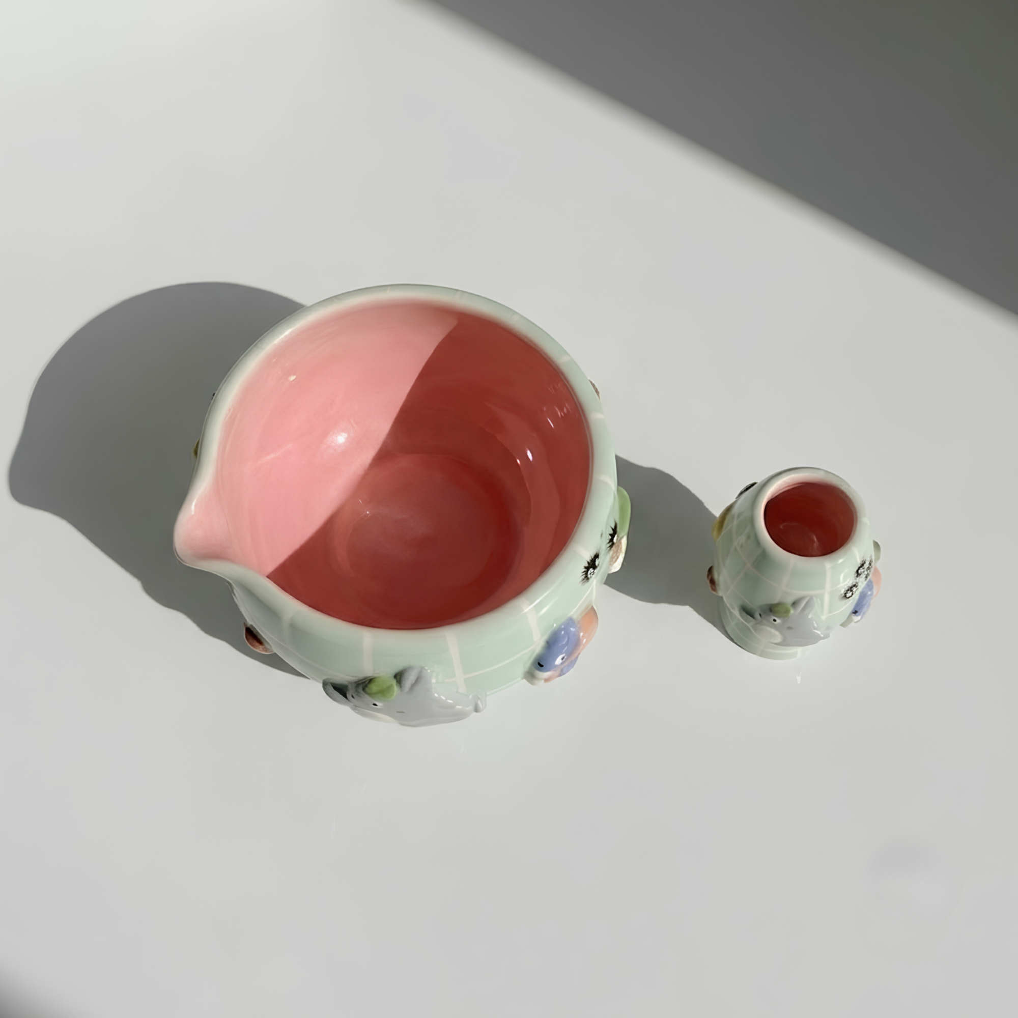 Grid  Mint Green Forest Spirit Matcha Bowl, Handmade Ceramic Matcha Set, Chawan with Whisk Holder, Cute Tea Ceremony Gift | LA06