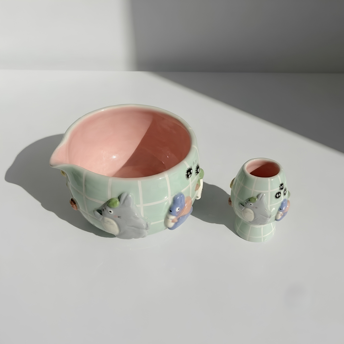 Grid  Mint Green Forest Spirit Matcha Bowl, Handmade Ceramic Matcha Set, Chawan with Whisk Holder, Cute Tea Ceremony Gift | LA06