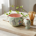 Grid  Mint Green Forest Spirit Matcha Bowl, Handmade Ceramic Matcha Set, Chawan with Whisk Holder, Cute Tea Ceremony Gift | LA06