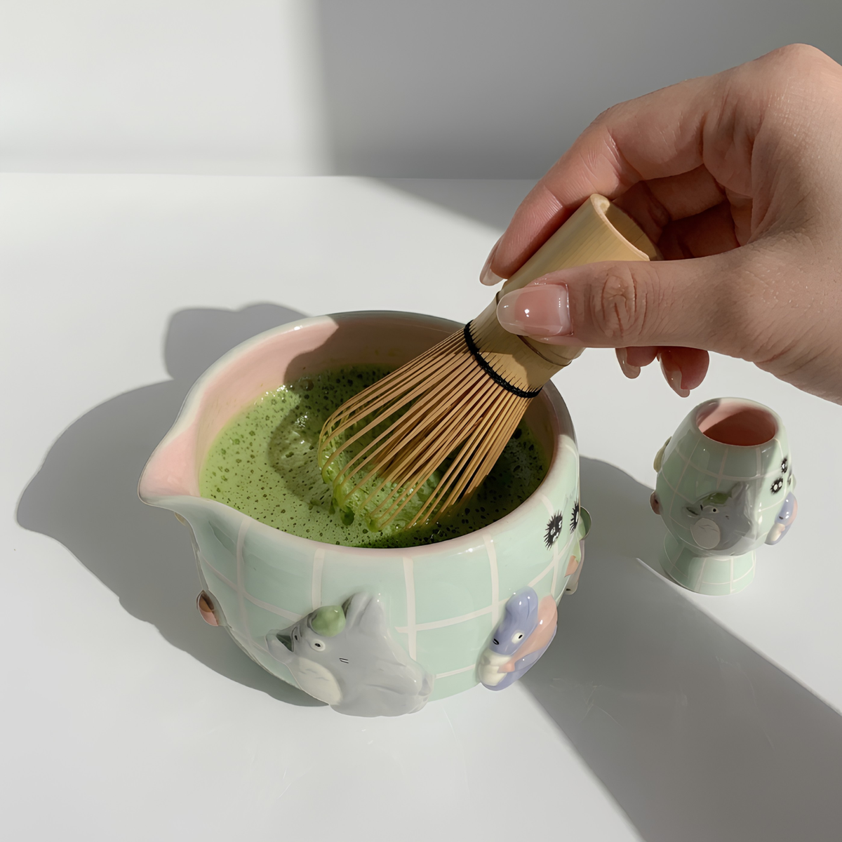 Grid  Mint Green Forest Spirit Matcha Bowl, Handmade Ceramic Matcha Set, Chawan with Whisk Holder, Cute Tea Ceremony Gift | LA06