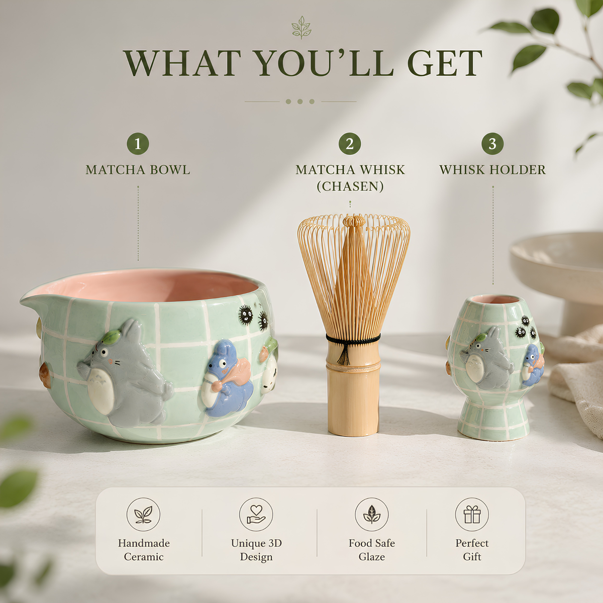 Grid  Mint Green Forest Spirit Matcha Bowl, Handmade Ceramic Matcha Set, Chawan with Whisk Holder, Cute Tea Ceremony Gift | LA06
