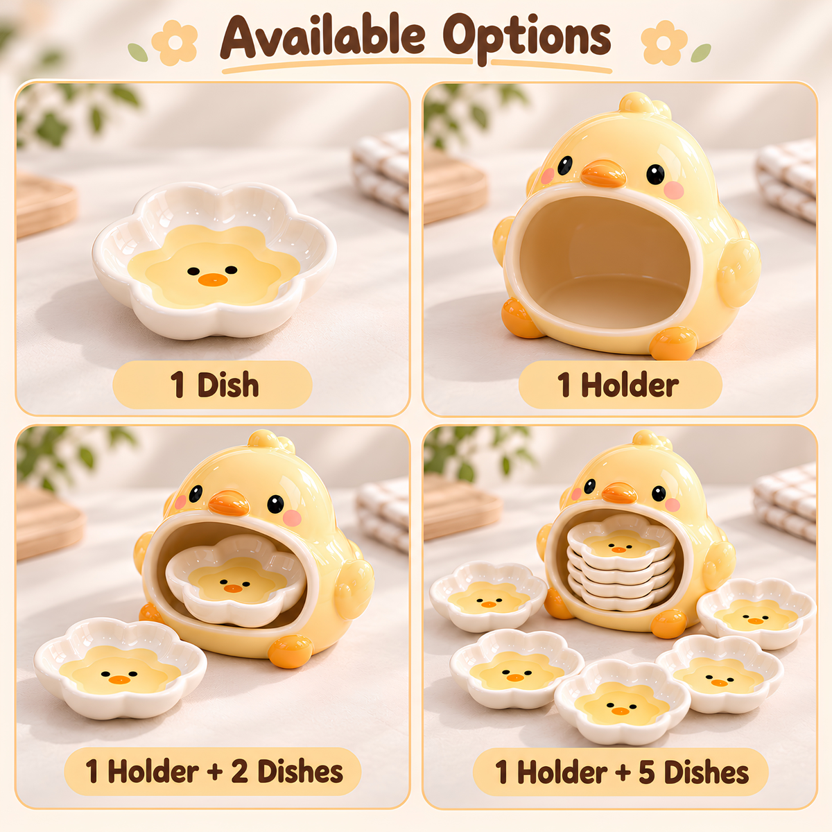 Chick Ceramic Dipping Dish Set - Flower Shaped Sauce Plates & Holder, Handmade Tableware.