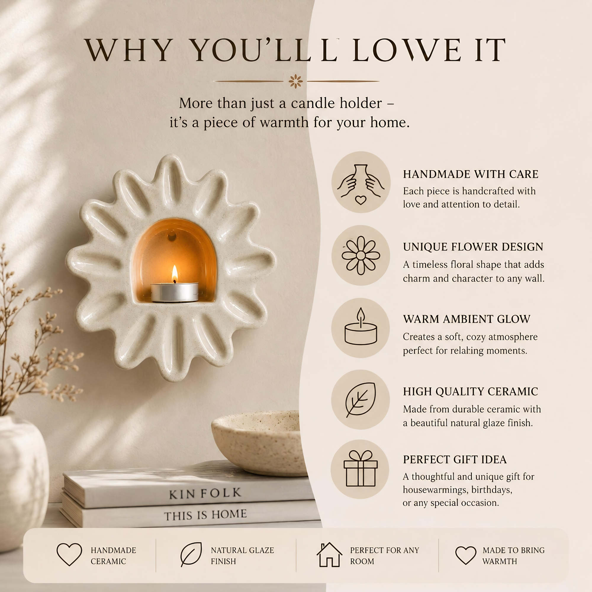 Handmade Ceramic Flower Wall Candle Holder, Boho Sconce, Cozy Home Decor | LA115