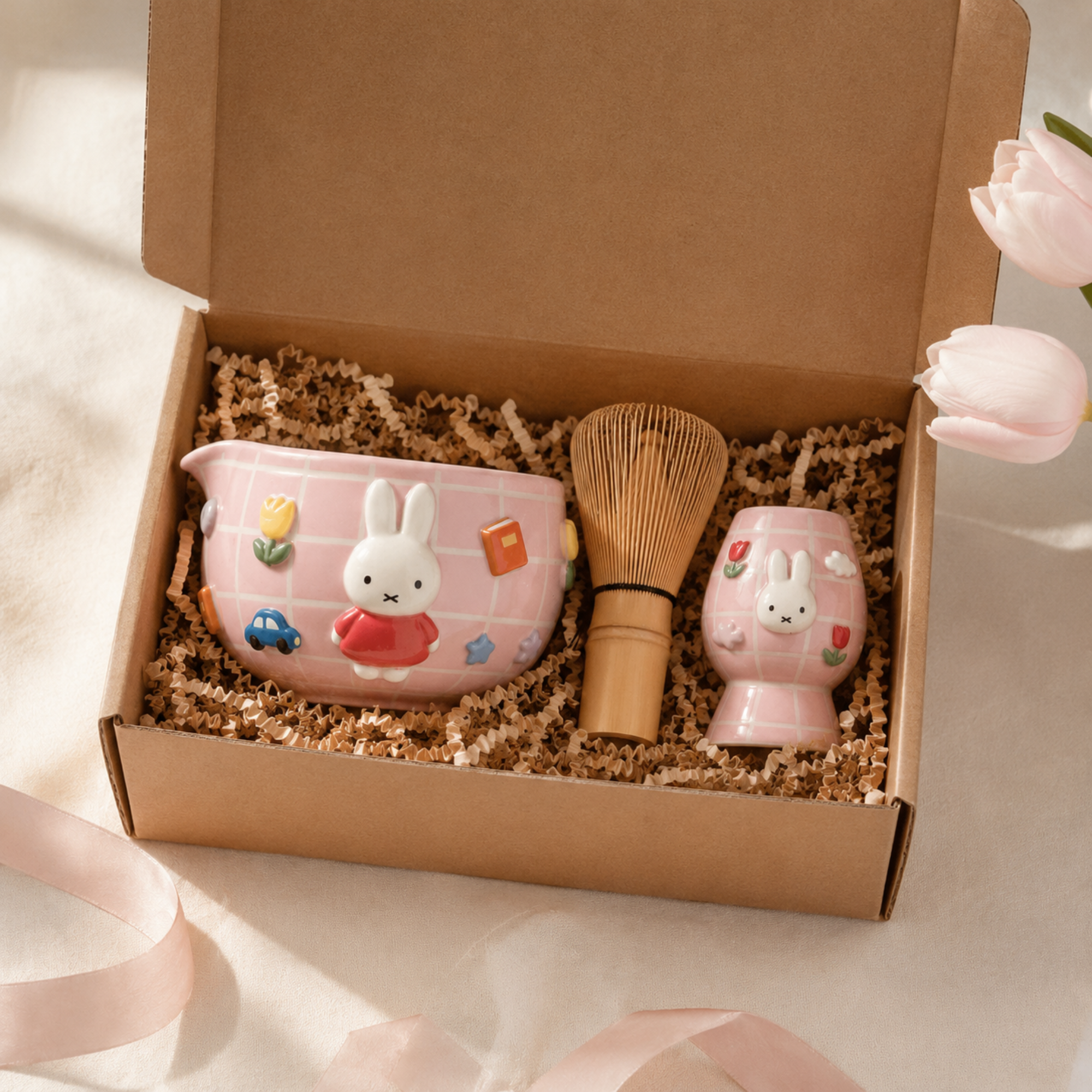 Grid Pink Bunny Matcha Bowl | Handmade Ceramic Chawan | LA024