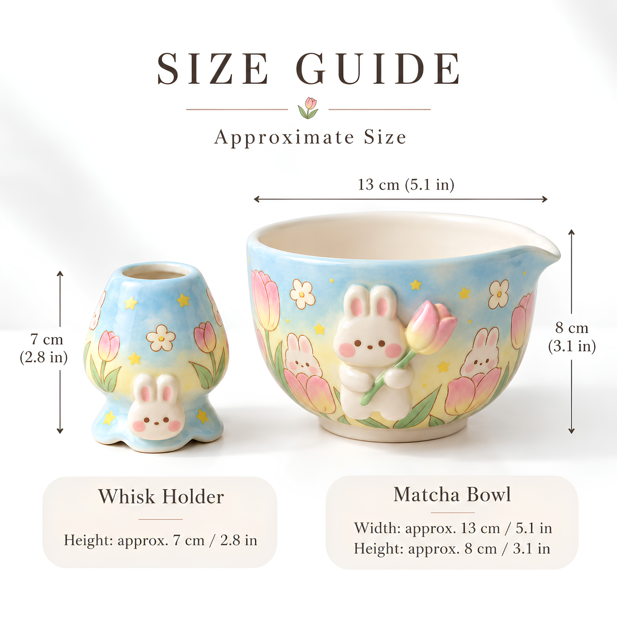 Bunny Tulip Matcha Bowl Set, Spouted Chawan & Whisk Holder, Handmade Ceramic Tea Set, Kawaii Gift for Bunny & Matcha Lovers