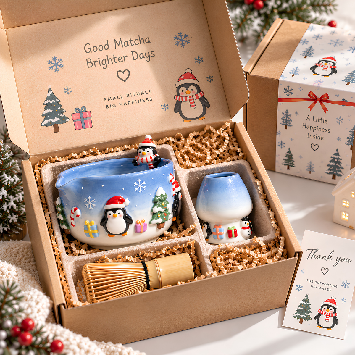 Christmas Penguin Matcha Bowl, Handmade Ceramic Matcha Set with Whisk Holder, Cute Winter Chawan, Penguin Gift for Matcha Lover | LA050