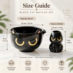 Grumpy Black Cat Matcha Bowl Set - Spouted Chawan & Whisk Holder, Handmade Ceramic Tea Set.