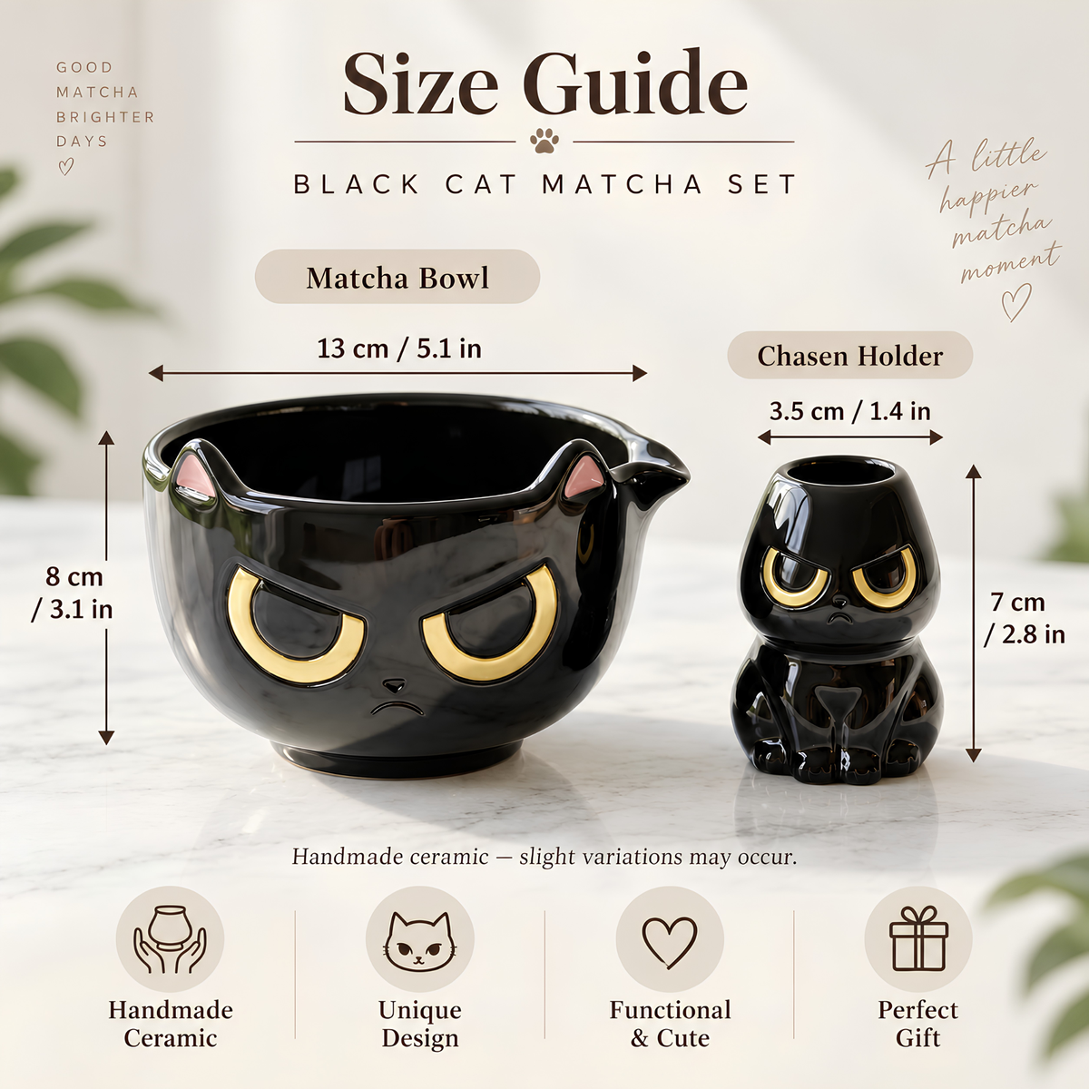 Grumpy Black Cat Matcha Bowl Set - Spouted Chawan & Whisk Holder, Handmade Ceramic Tea Set.