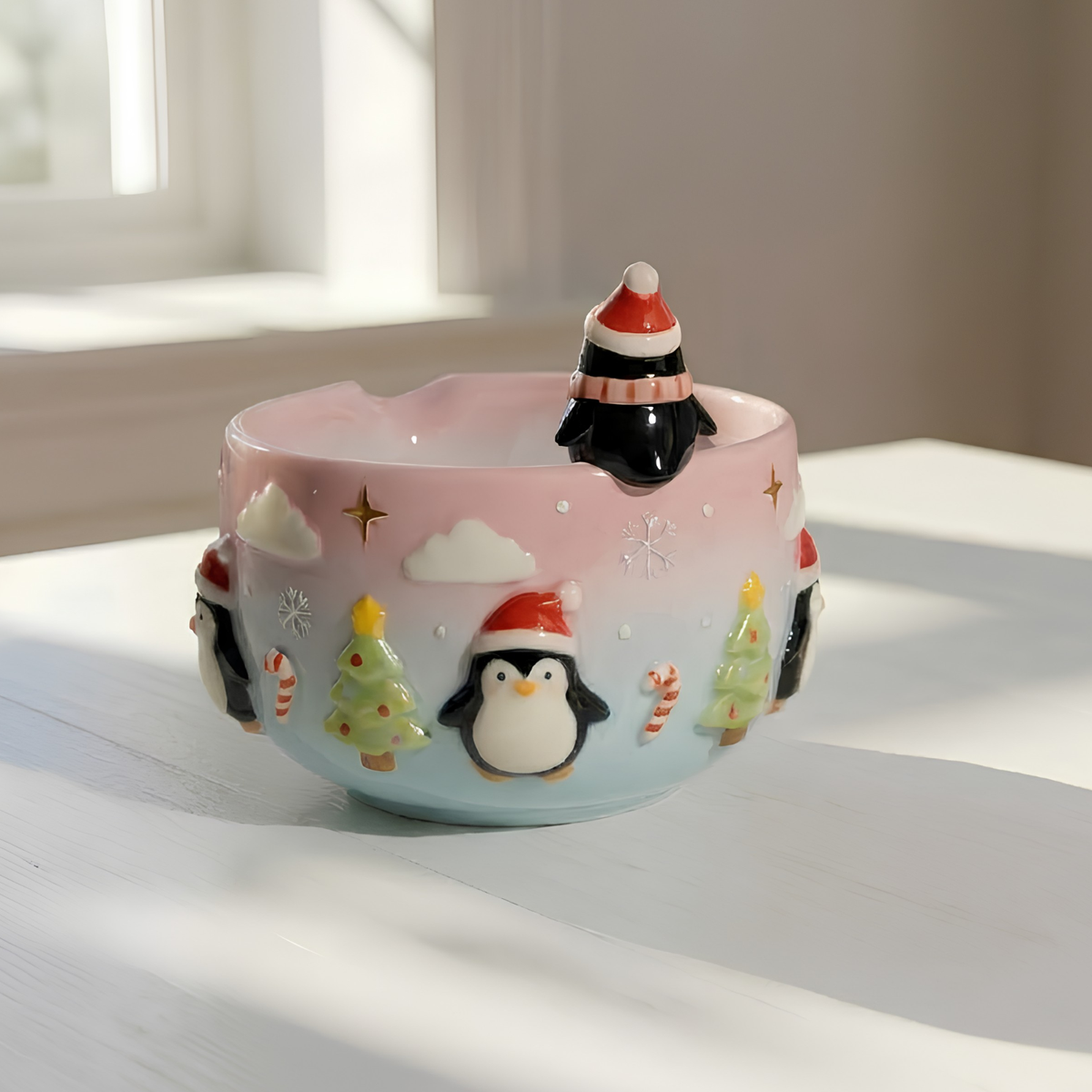Christmas Penguin Matcha Bowl, Handmade Ceramic Matcha Set with Whisk Holder, Cute Winter Chawan, Penguin Gift for Matcha Lover | LA049