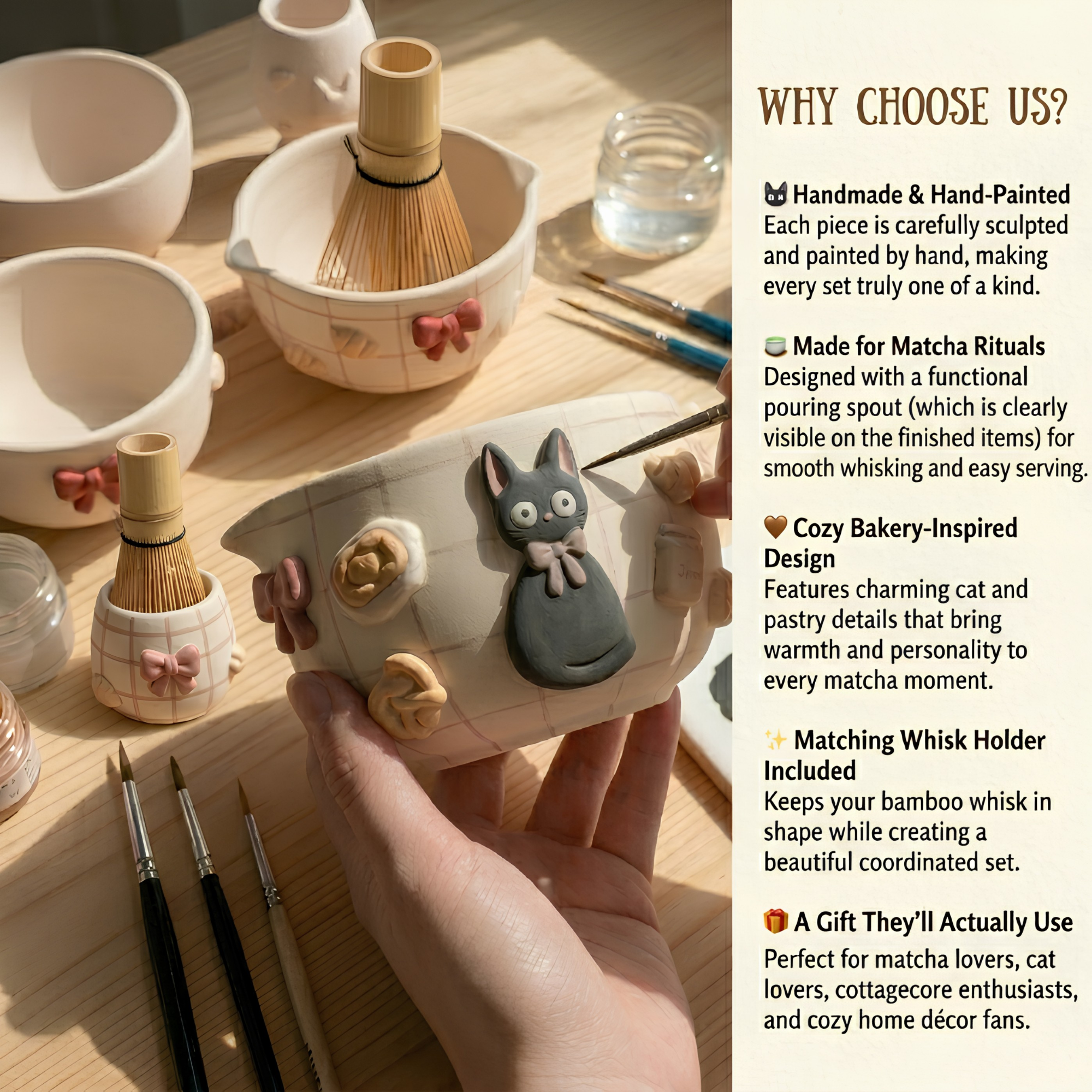 Grid Cute Cat Matcha Bowl | Handmade Ceramic Chawan | LA019