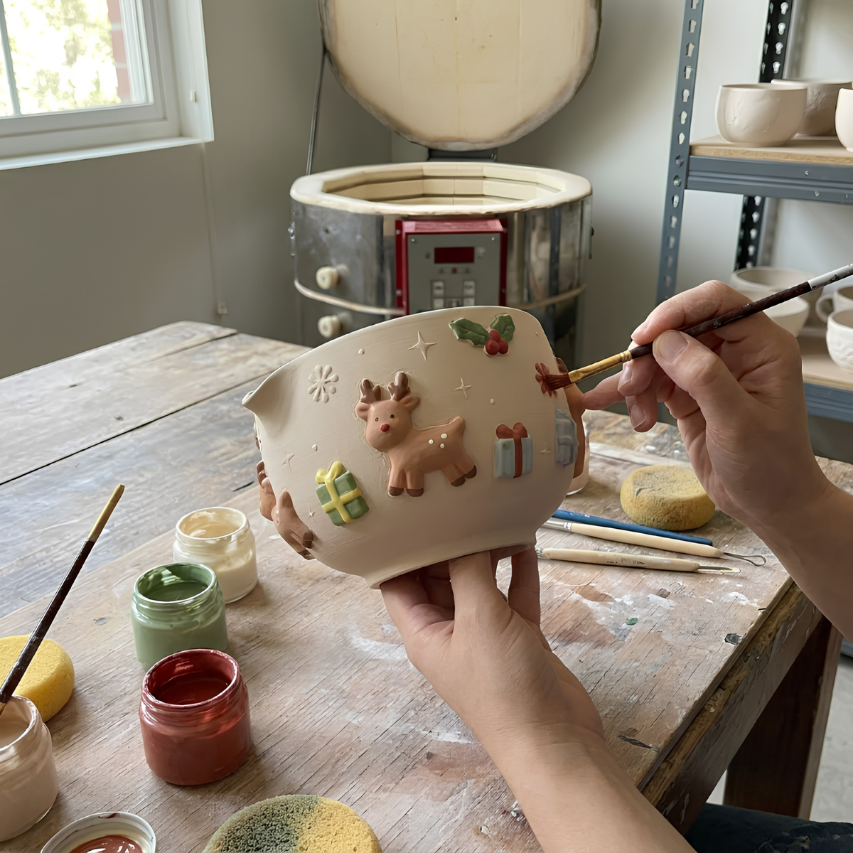 Christmas Reindeer Matcha Bowl Set, Handmade Ceramic Matcha Bowl with Whisk Holder, Cute Holiday Matcha Set, Christmas Gift for Matcha Lover | LA052