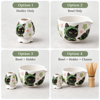 Black Cat Matcha Bowl Set - Spouted Chawan & Whisk Holder, Handmade Ceramic Tea Set.