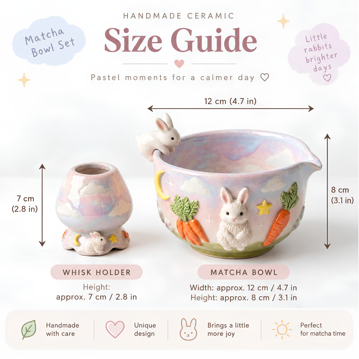 Bunny Carrot Matcha Bowl Set - Spouted Chawan and Whisk Holder, Handmade Ceramic Tea Set, Kawaii Gift for Rabbit & Matcha Lovers