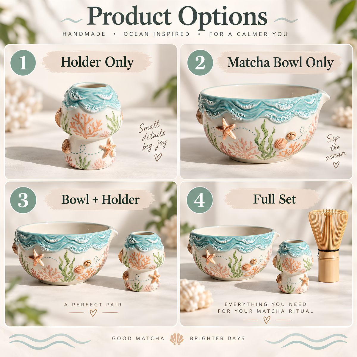 Ocean Reef Matcha Bowl Set - Spouted Chawan and Whisk Holder, Handmade Ceramic Tea Set, Coastal Gift for Matcha Lovers