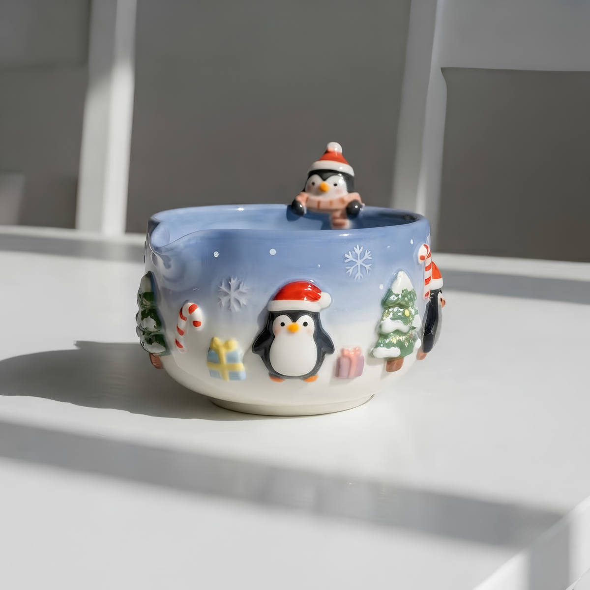 Christmas Penguin Matcha Bowl, Handmade Ceramic Matcha Set with Whisk Holder, Cute Winter Chawan, Penguin Gift for Matcha Lover | LA050