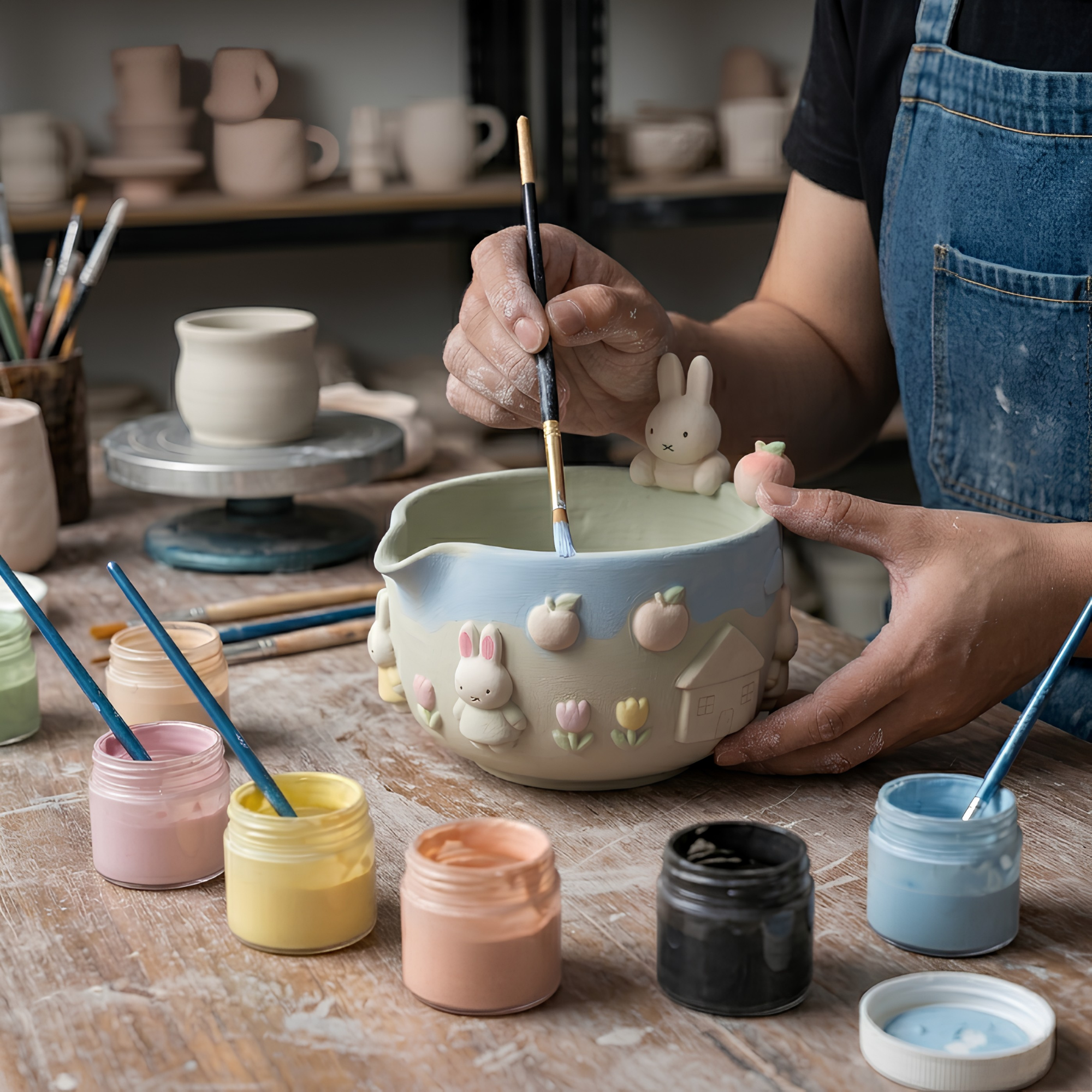 Ombre Cute Bunny Matcha Bowl | Handmade Ceramic Chawan | LA025