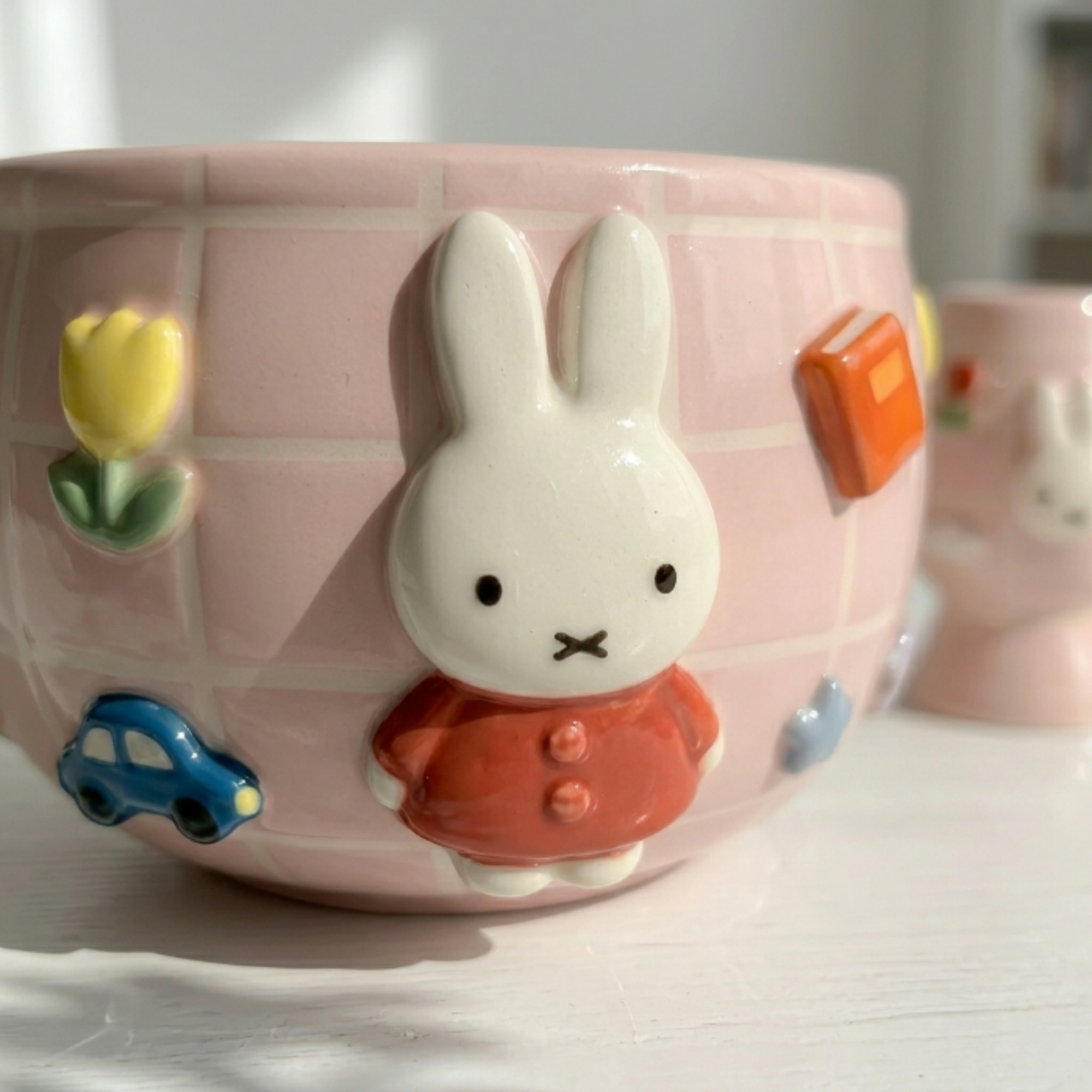 Grid Pink Bunny Matcha Bowl | Handmade Ceramic Chawan | LA024