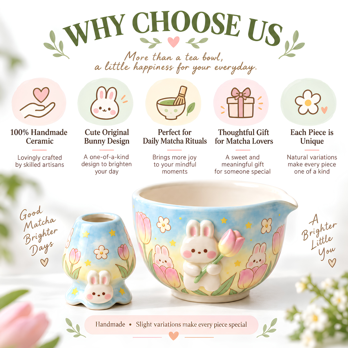 Bunny Tulip Matcha Bowl Set, Spouted Chawan & Whisk Holder, Handmade Ceramic Tea Set, Kawaii Gift for Bunny & Matcha Lovers