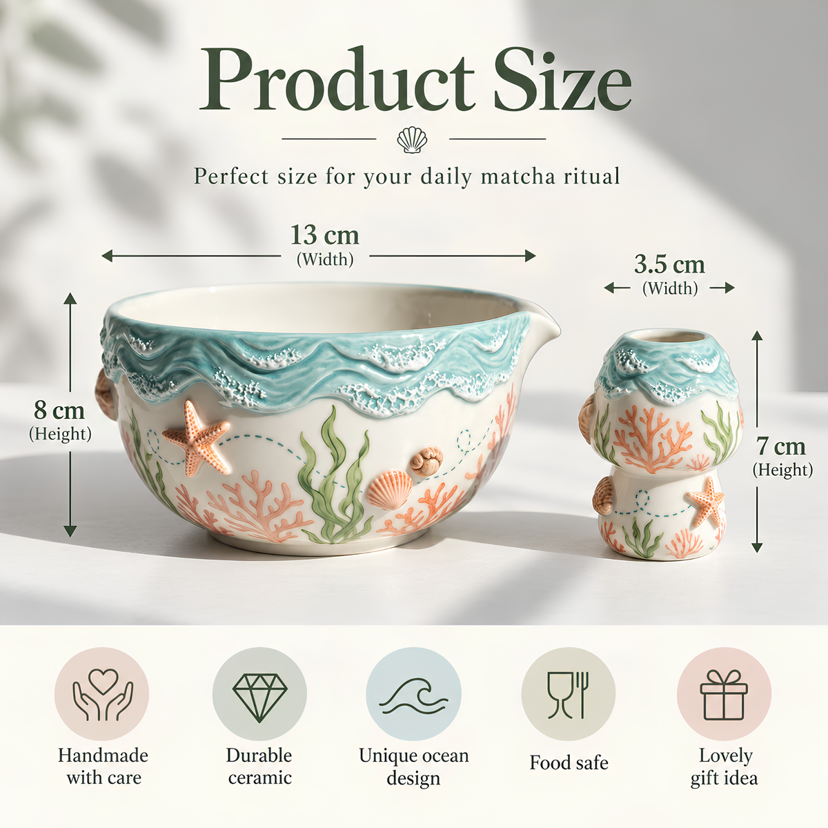 Ocean Reef Matcha Bowl Set - Spouted Chawan and Whisk Holder, Handmade Ceramic Tea Set, Coastal Gift for Matcha Lovers