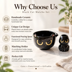 Grumpy Black Cat Matcha Bowl Set - Spouted Chawan & Whisk Holder, Handmade Ceramic Tea Set.