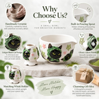 Black Cat Matcha Bowl Set - Spouted Chawan & Whisk Holder, Handmade Ceramic Tea Set.