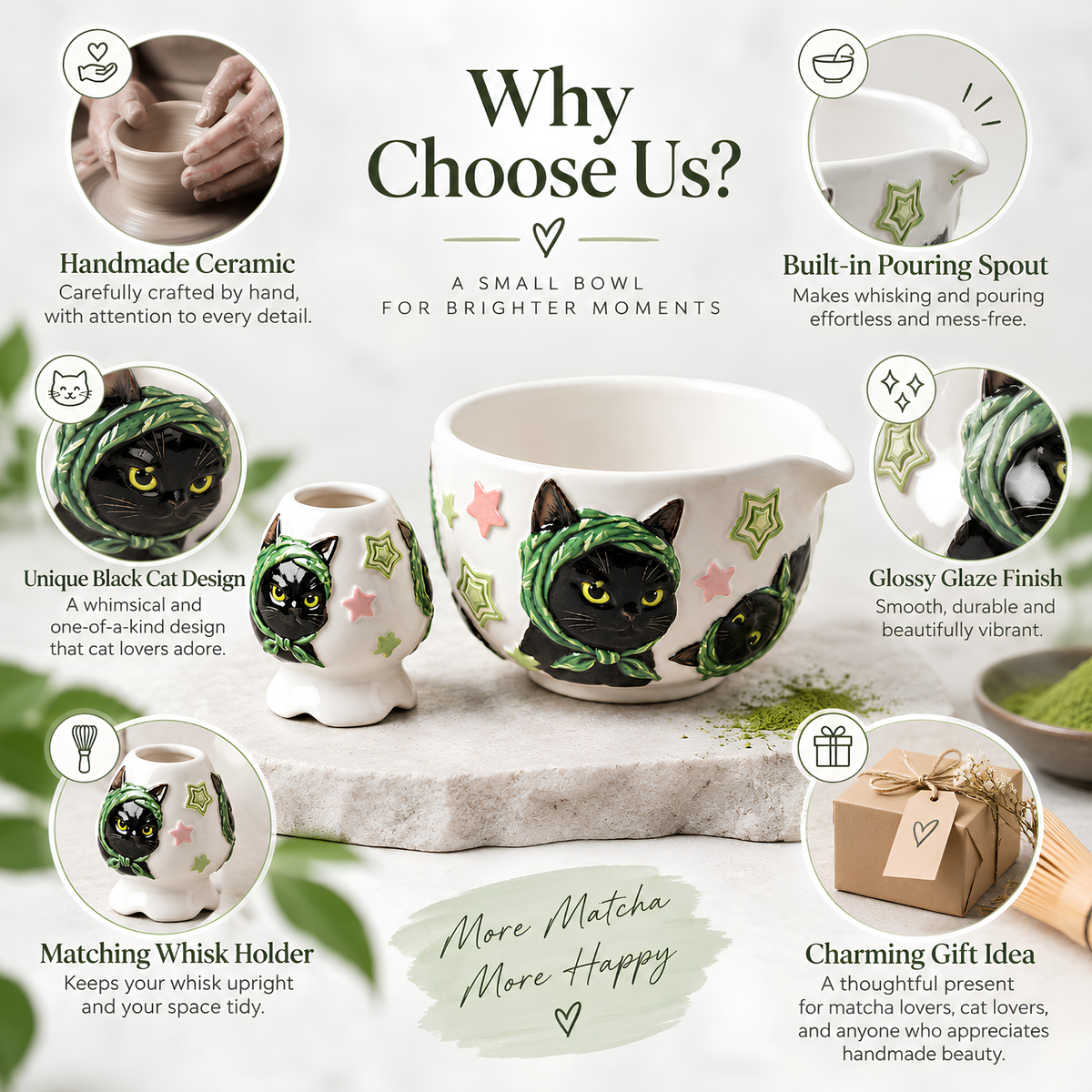 Black Cat Matcha Bowl Set - Spouted Chawan & Whisk Holder, Handmade Ceramic Tea Set.