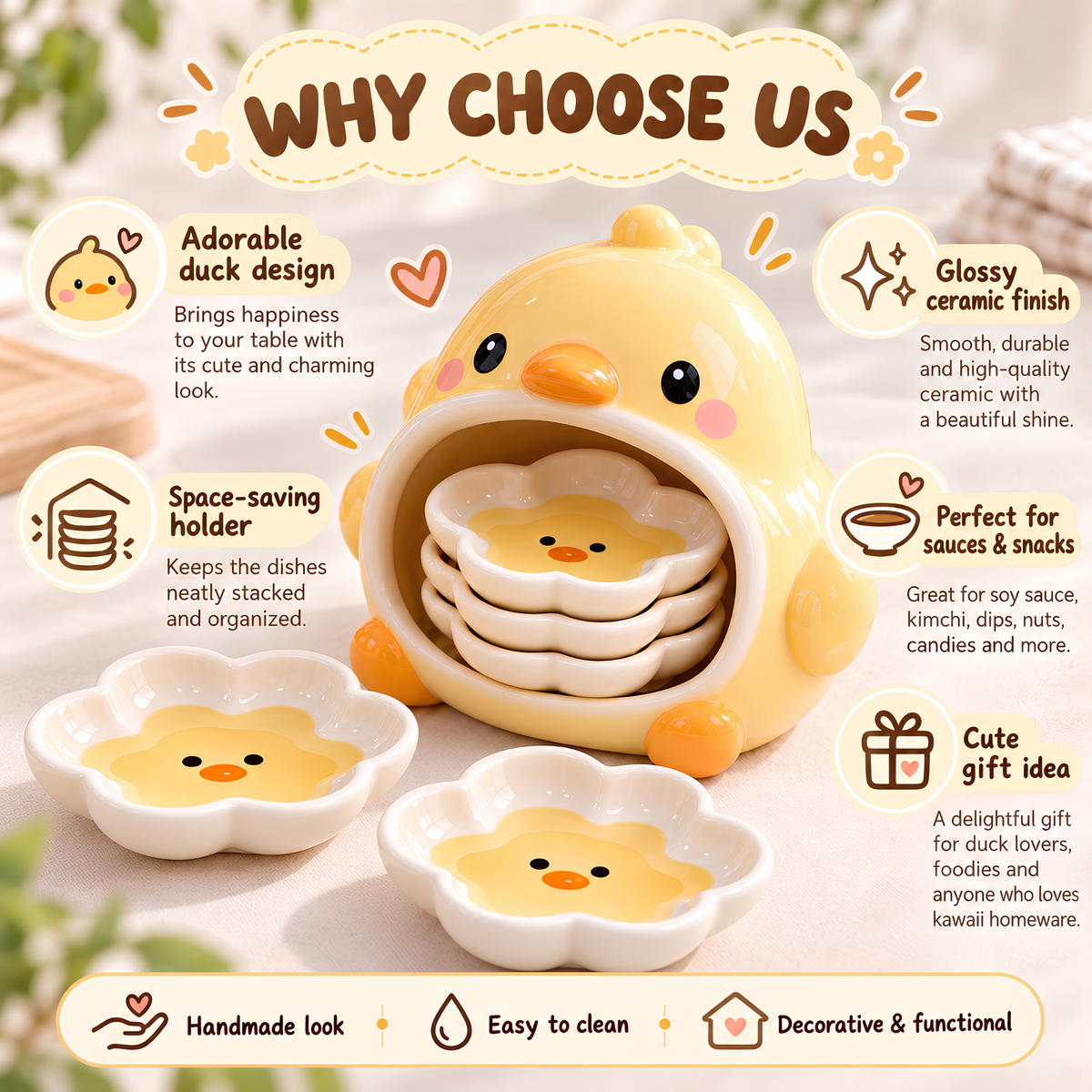Chick Ceramic Dipping Dish Set - Flower Shaped Sauce Plates & Holder, Handmade Tableware.