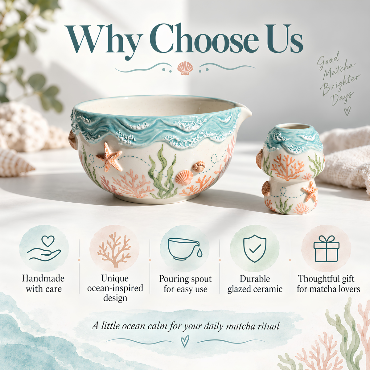 Ocean Reef Matcha Bowl Set - Spouted Chawan and Whisk Holder, Handmade Ceramic Tea Set, Coastal Gift for Matcha Lovers